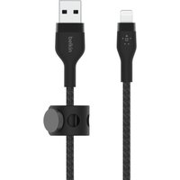 Black Belkin 1m lightning cable with USB-A and lightning connectors, braided texture, and cable management clip.