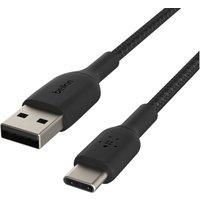 Black Belkin USB cable, 2m, with USB A to USB C connectors and braided exterior.