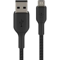 Black Belkin USB cable, 1m, with USB A and Micro-USB connectors, braided texture.