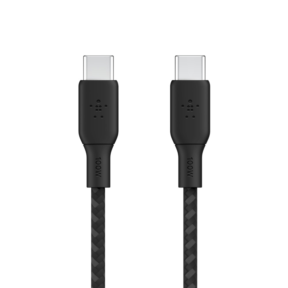 Black braided USB-C to USB-C cable, 3m long, featuring fast charging capability with 100W power delivery, USB-IF certified, designed for compatibility with devices like iPhone 16.