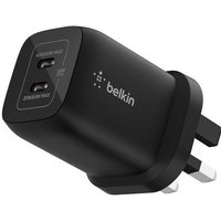 Black Belkin charger with dual USB-C ports, fast charging, and UK plug design for laptops and mobile devices.