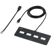 Black Belkin KVM switch with four white buttons, attached cable, and separate USB cable.