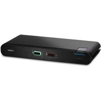 Black Belkin KVM switch with two ports, LED indicators, and a sleek rectangular design.