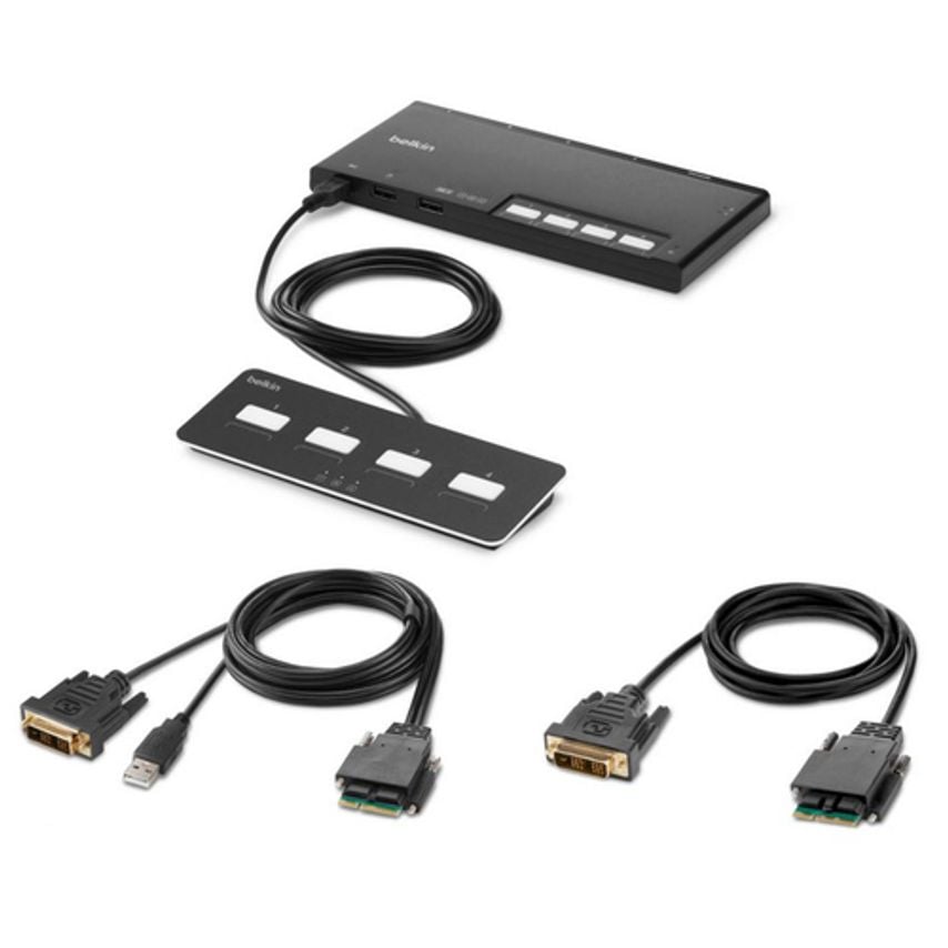 Belkin F1DN104MOD-DD-4 KVM switch in black, featuring a sleek design with four buttons, USB ports, and two sets of cables for connecting devices.