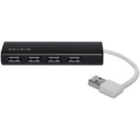 Black Belkin USB hub with four ports and short white USB cable.