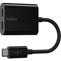 Black Belkin mobile charger with dual USB-C ports and flexible cable.