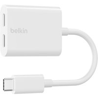 White Belkin USB Type-C hub with two USB ports and a short connecting cable.