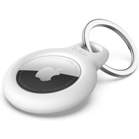 White Belkin keychain holder for Apple AirTag with round design and metal keyring attachment.
