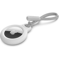White Belkin AirTag holder with gray loop strap and circular design featuring a central black and white Apple logo.