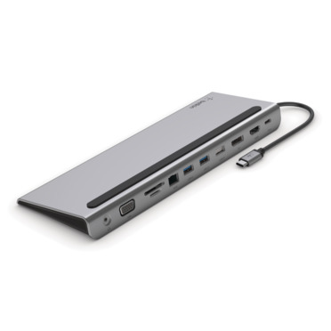 Silver Belkin Connect 11-in-1 multiport dock with USB-C, VGA, HDMI, DisplayPort, and 1GbE ports, featuring a sleek design and multiple connectivity options.