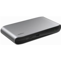 Black and grey Belkin Thunderbolt 4 interface hub with sleek design, multiple ports, and LED indicator.