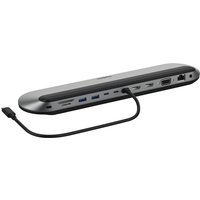 Black and grey Belkin laptop dock with USB-C cable, multiple ports including HDMI, USB, and Ethernet.