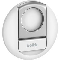 White Belkin smartphone holder with circular base and metallic accent, featuring a central grip area for device stability.