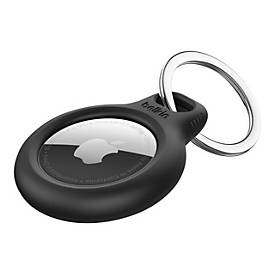 Black silicone GPS tracker with a glossy circular surface, featuring a silver keyring attachment and the Belkin logo on the side.