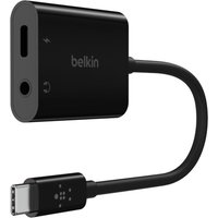 Black Belkin USB 3.2 Gen 1 Type-C hub with two ports, compact design, and attached cable.