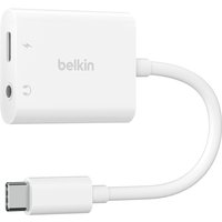 White Belkin USB Type-C hub with short cable, featuring USB-C and headphone jack ports.