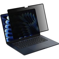 Black Belkin privacy filter for 15.3" laptop, partially covering screen, with a notch for webcam visibility.