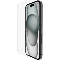 Clear Belkin ScreenForce screen protector for Apple device, shown next to a smartphone with a sleek design.