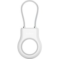 White Belkin Secure Holder for AirTag with looped strap and circular opening.