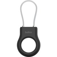 Black Belkin secure holder for AirTag with looped cable, circular design, and Belkin logo on top.