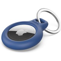 Blue Belkin keyring holder with circular design, metallic keyring, and visible Apple logo in the center.