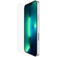 Clear Belkin screen protector for Apple phone, showing precise cutouts and transparent design for full coverage.