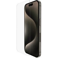 Clear Belkin screen protector for Apple mobile phone, shown partially covering a smartphone with a curved display.
