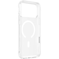 Transparent Belkin SheerForce phone case with MagSafe compatibility, clear edges, and precise cutouts for buttons.