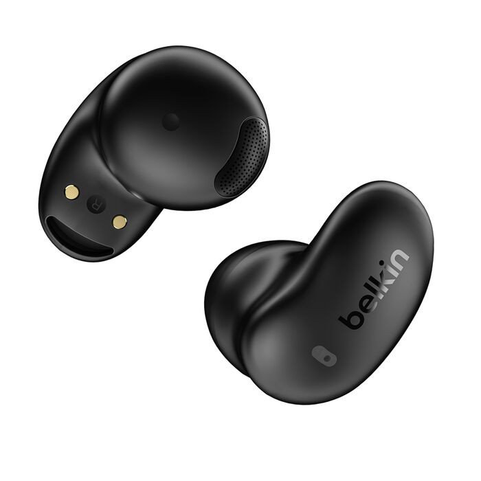 Black in-ear headset with a sleek, ergonomic design, featuring a glossy finish, microphone, and Belkin branding, suitable for wired and wireless calls and music.