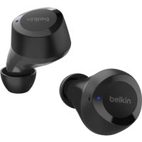 Black Belkin SoundForm Bolt TWS in-ear headset with sleek design, subtle blue LED indicator, and Belkin logo.