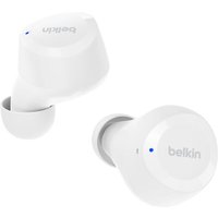 White Belkin SoundForm Bolt wireless in-ear headset with sleek design, Bluetooth connectivity, and subtle blue LED indicator.