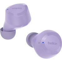 Lavender Belkin SoundForm Bolt wireless in-ear headset with Bluetooth, compact design, and subtle branding.