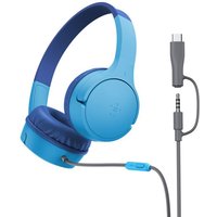 Blue Belkin SoundForm Mini headset with cushioned ear cups, adjustable headband, and USB Type-C wired connection.