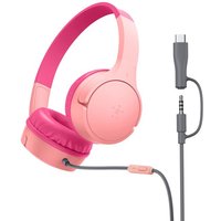 Pink Belkin SoundForm Mini headset with wired headband, USB Type-C connector, and in-line microphone.