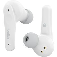White Belkin Soundform Nano wireless in-ear headphones with gray ear tips and charging contacts on stems.