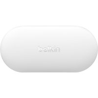 White Belkin SOUNDFORM Play True Wireless Stereo earbuds case with embossed logo on smooth, oval-shaped surface.