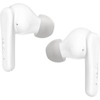 White Belkin SoundForm Rhythm in-ear headset, wireless Bluetooth, USB Type-C, sleek design with gray ear tips.