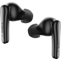 Black Belkin SoundForm Rhythm in-ear headset, sleek design, USB Type-C, Bluetooth, with small ear tips.