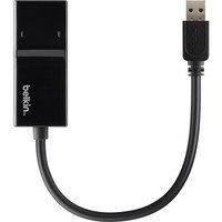 Black Belkin USB 3.0 to Gigabit Ethernet adapter with short cable and USB connector.