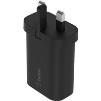 Black Belkin AC fast charger with two prongs and compact design for mobile devices.