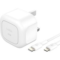 White Belkin mobile device charger with USB-C port, includes matching USB-C to USB-C cable, compact cube design.