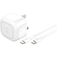 White Belkin mobile device charger with USB-C cable and UK plug, compact design, suitable for phones and tablets.