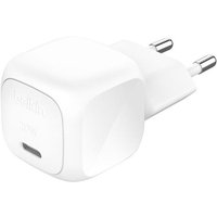 White Belkin AC fast charger with USB-C port and two-prong plug, compact cube design for laptops, smartphones, tablets.