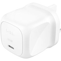 White Belkin WCA011MYWH mobile charger with USB-C port and compact square design.
