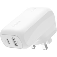 White Belkin mobile charger with USB-C and USB-A ports, compact design, and UK plug.