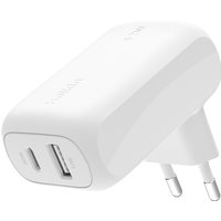 White Belkin AC fast charger with dual USB ports and sleek rounded design.