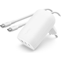 White Belkin WCC002VFWH charger with dual USB-C ports and attached cables for laptop, smartphone, tablet charging.