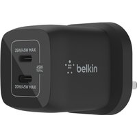 Black Belkin dual USB-C wall charger with two ports, 25W and 20W max outputs, compact design, and Belkin logo.