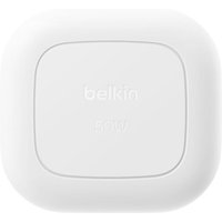 White Belkin WCH019MYWH mobile charger, compact square design, rounded edges, embossed logo, 30W text on front.