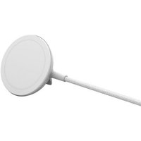 White Belkin wireless charger with round charging pad and attached cable for smartphones, headsets, and smartwatches.